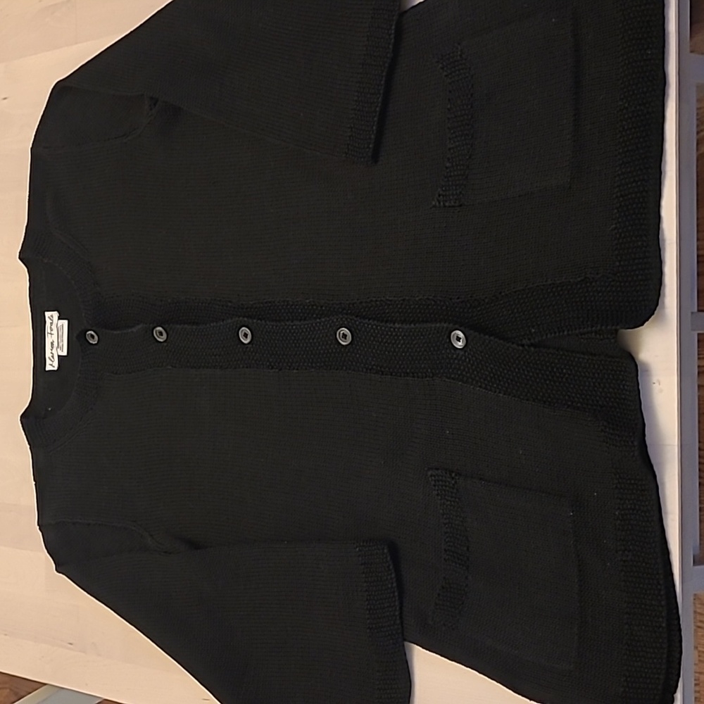 LIKE NEW VTG Marion Foale Hand Knit Black Cardigan with Pockets 100% Cotton